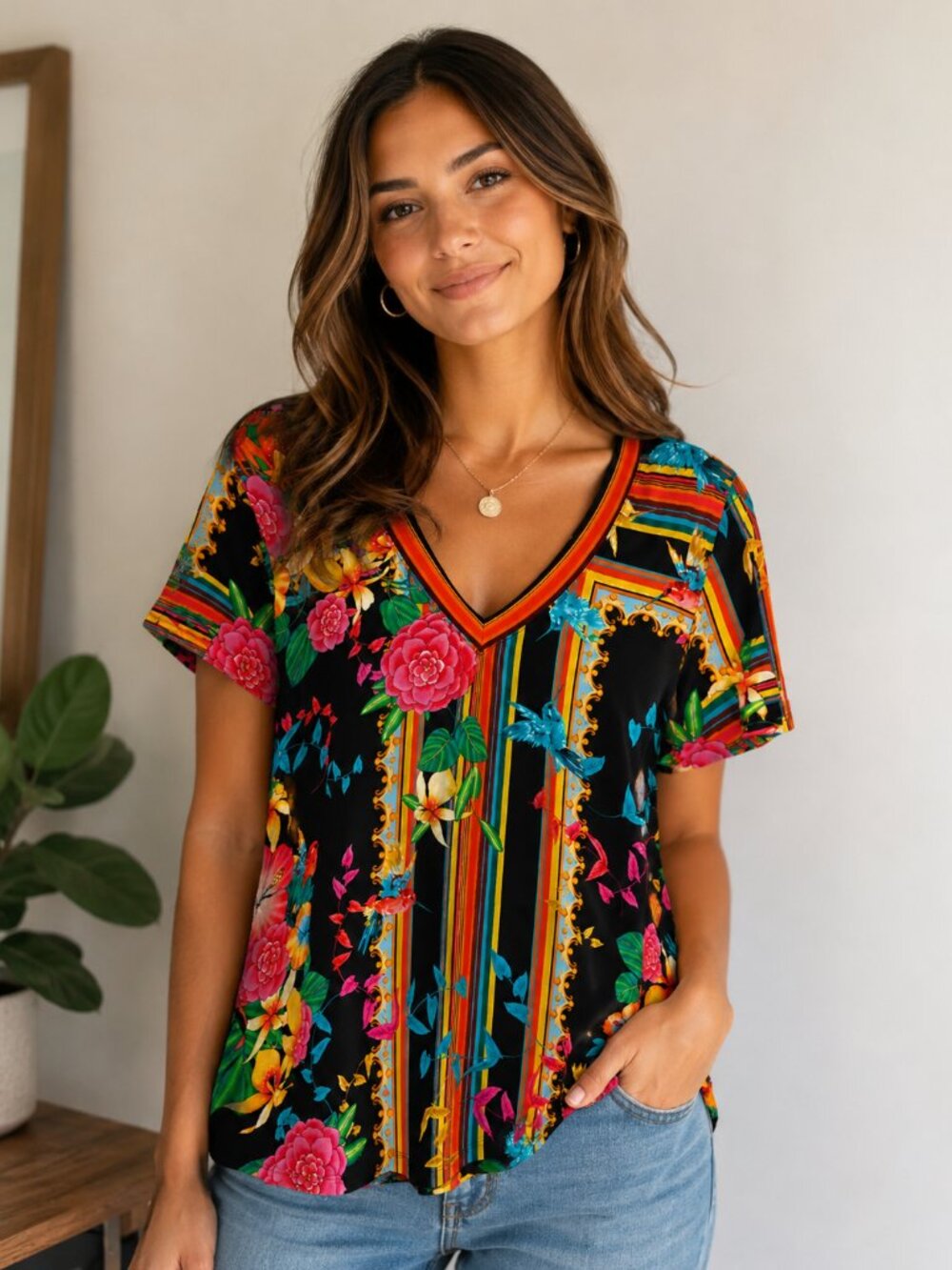 Johnny Was Floral V Neck Tee Top/Blouse